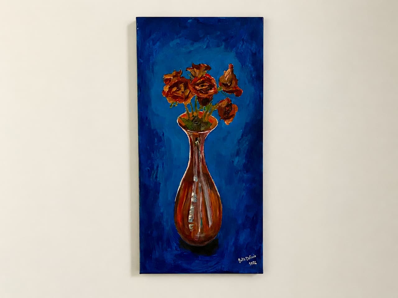 Wilting Roses in a Tall Vase