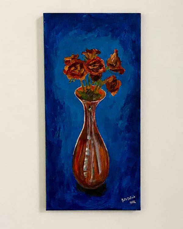 Wilting Roses in a Tall Vase